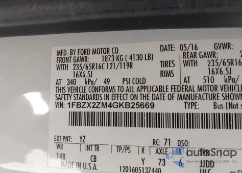 2016 Ford Transit-350 Xlt из США, поврежденный, VIN 1FBZX2ZM4GKB25669